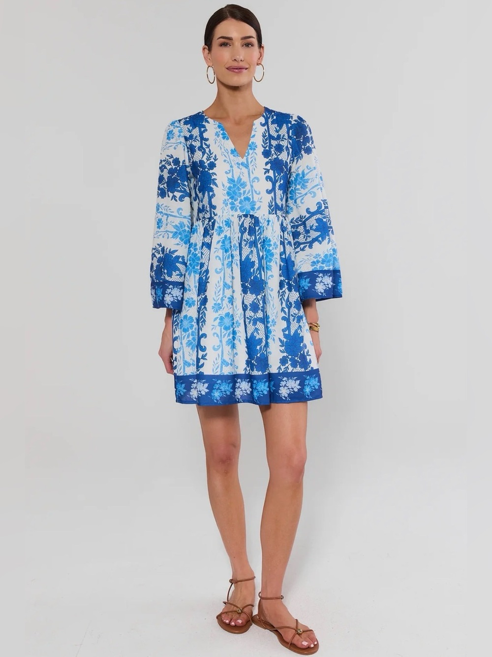 Avara Blue Floral V-Neck Babydoll Long Sleeve Dress - Women